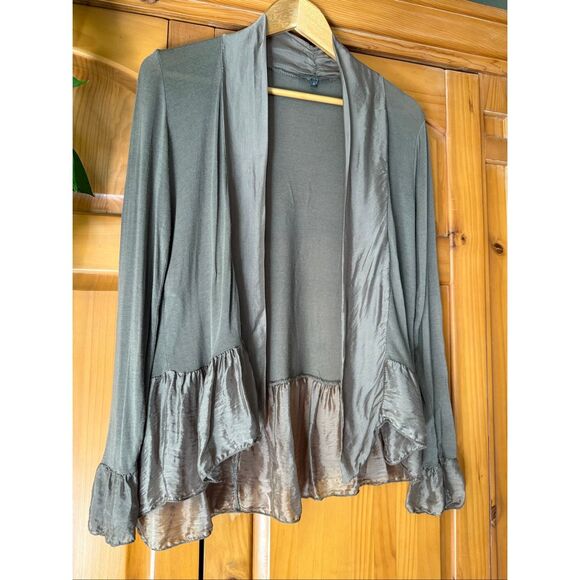 Piazza del Tempio Made in Italy Silk Blend Ruffle Hem Cardigan – Taupe, Size M - Picture 2 of 11